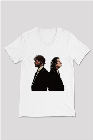 Pulp Fiction Beyaz Unisex V Yaka Tişört T-Shirt