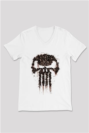 Punisher Beyaz Unisex V Yaka Tişört T-Shirt
