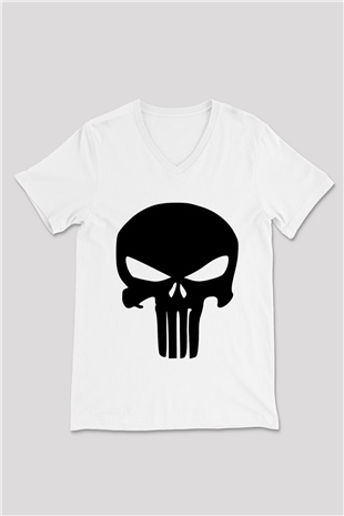 Punisher Beyaz Unisex V Yaka Tişört T-Shirt