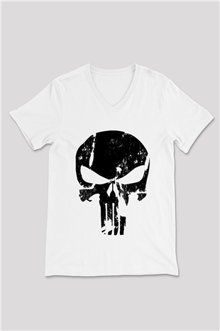 Punisher Beyaz Unisex V Yaka Tişört T-Shirt