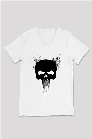 Punisher Beyaz Unisex V Yaka Tişört T-Shirt