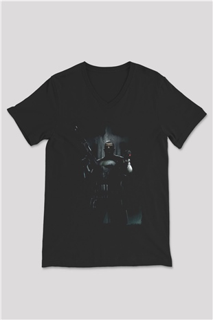 Punisher Siyah Unisex V Yaka Tişört