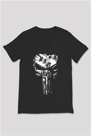 Punisher Siyah Unisex V Yaka Tişört T-Shirt