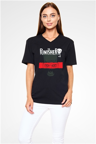 Punisher Siyah Unisex V Yaka Tişört T-Shirt