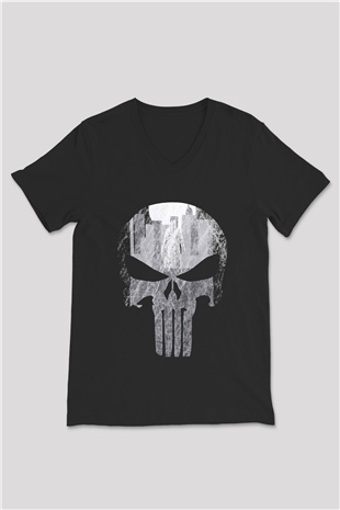 Punisher Siyah Unisex V Yaka Tişört T-Shirt