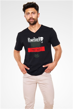 Punisher Siyah Unisex V Yaka Tişört T-Shirt