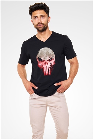 Punisher Siyah Unisex V Yaka Tişört T-Shirt