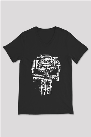 Punisher Siyah Unisex V Yaka Tişört T-Shirt