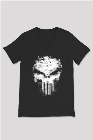 Punisher Siyah Unisex V Yaka Tişört T-Shirt