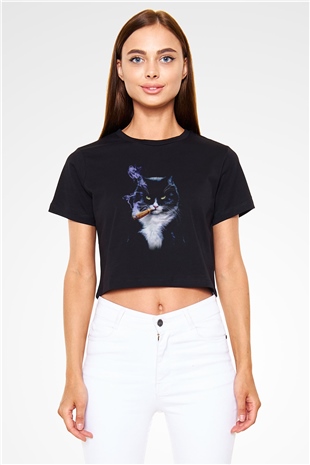 Puro İçen Karizmatik Kedi Baskılı  Siyah  Crop Top Tişört