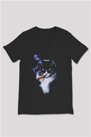 Puro İçen Karizmatik Kedi Baskılı Unisex Siyah  V Yaka Tişört