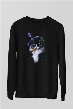 Puro İçen Karizmatik Kedi Baskılı Unisex Siyah  Sweatshirt