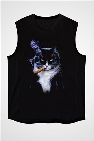 Puro İçen Karizmatik Kedi Baskılı Unisex Siyah  Kolsuz Tişört