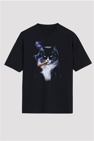 Puro İçen Karizmatik Kedi Baskılı Oversize Siyah Tişört