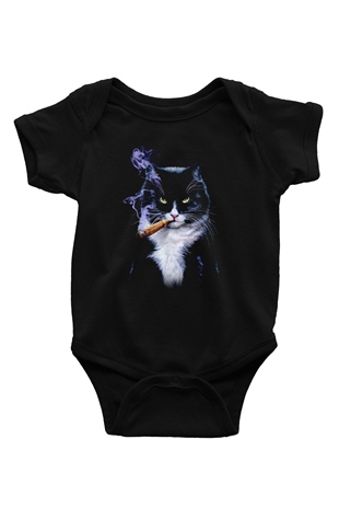 Puro İçen Karizmatik Kedi BaskılıSiyah  Bebek Body - Zıbın