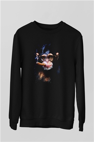 Puro İçen Şempanze Baskılı Unisex Siyah  Sweatshirt