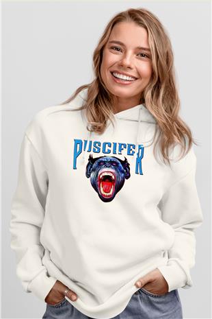Puscifer Baskılı Beyaz Unisex Kapüşonlu Sweatshirt