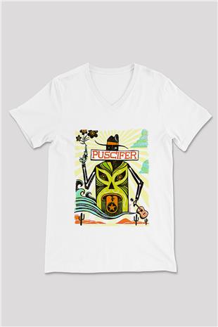 Puscifer Baskılı Beyaz Unisex V Yaka Tişört - Tshirt