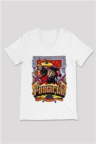Puscifer Baskılı Beyaz Unisex V Yaka Tişört - Tshirt