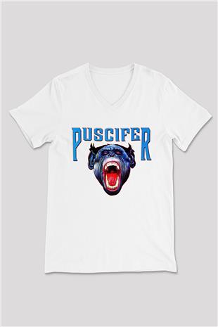 Puscifer Baskılı Beyaz Unisex V Yaka Tişört - Tshirt