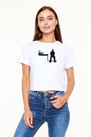 Pusha T Baskılı Beyaz Crop Top Kadın Tişört - Tshirt