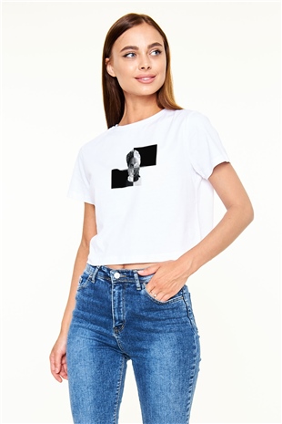 Pusha T Baskılı Beyaz Crop Top Kadın Tişört - Tshirt
