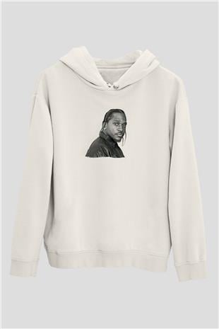 Pusha T Baskılı Beyaz Unisex Kapüşonlu Sweatshirt