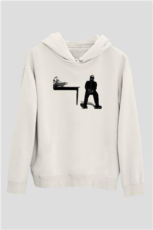 Pusha T Baskılı Beyaz Unisex Kapüşonlu Sweatshirt