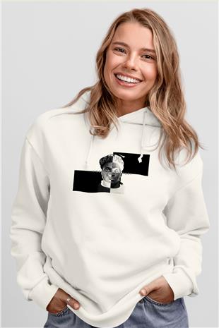 Pusha T Baskılı Beyaz Unisex Kapüşonlu Sweatshirt