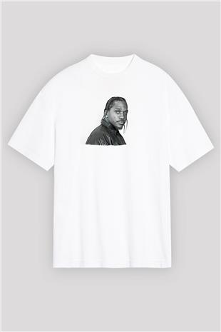 Pusha T Baskılı Beyaz Unisex Oversize Tişört - Tshirt