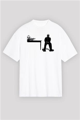 Pusha T Baskılı Beyaz Unisex Oversize Tişört - Tshirt
