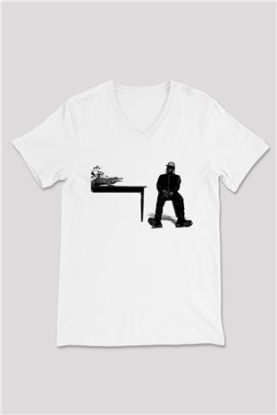 Pusha T Baskılı Beyaz Unisex V Yaka Tişört - Tshirt