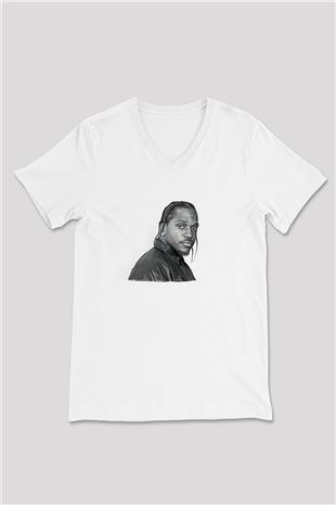 Pusha T Baskılı Beyaz Unisex V Yaka Tişört - Tshirt