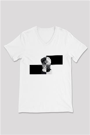 Pusha T Baskılı Beyaz Unisex V Yaka Tişört - Tshirt