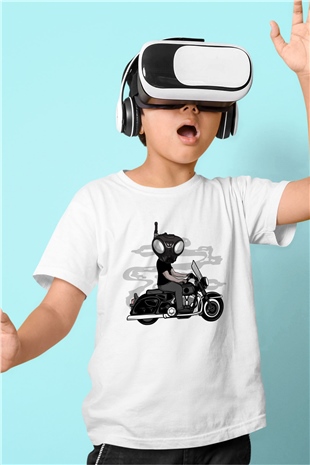 Q9-O Biker Baskılı Beyaz Unisex Çocuk Tshirt