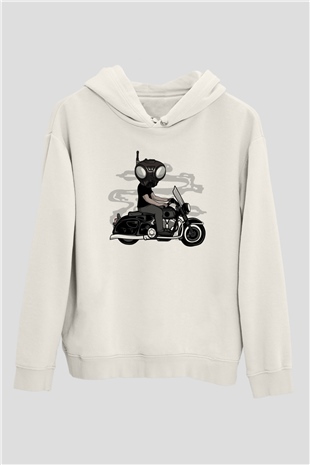 Q9-O Biker Baskılı Beyaz Unisex Hoodie