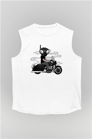Q9-O Biker Baskılı Beyaz Unisex Kolsuz Tişört