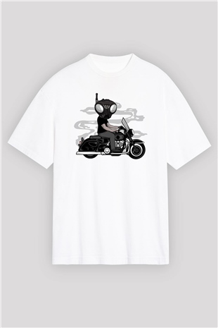 Q9-O Biker Baskılı Beyaz Unisex Oversize Tişört