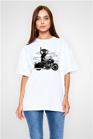 Q9-O Biker Baskılı Beyaz Unisex Oversize Tişört