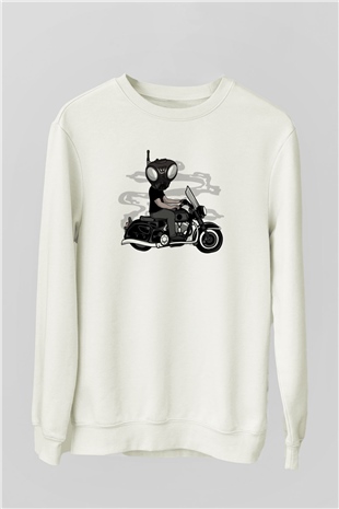 Q9-O Biker Baskılı Beyaz Unisex Sweatshirt