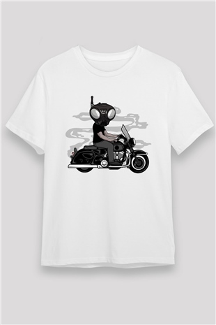 Q9-O Biker Baskılı Beyaz Unisex Tshirt