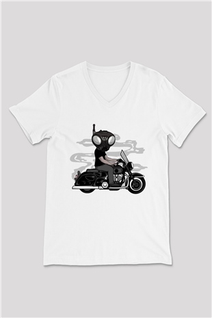 Q9-O Biker Baskılı Beyaz Unisex V Yaka Tişört