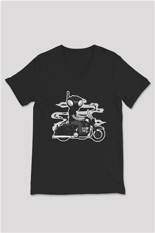Q9-O Biker Baskılı Siyah Unisex V Yaka Tişört