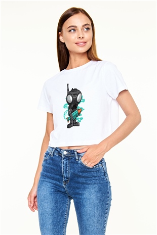 Q9-O Rocket Baskılı Beyaz Kadın Crop Top Tişört