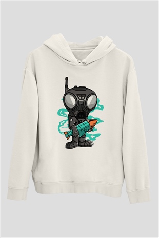 Q9-O Rocket Baskılı Beyaz Unisex Hoodie