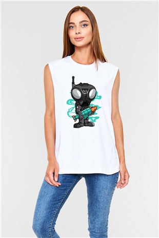 Q9-O Rocket Baskılı Beyaz Unisex Kolsuz Tişört