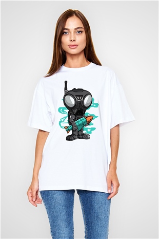 Q9-O Rocket Baskılı Beyaz Unisex Oversize Tişört