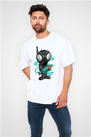 Q9-O Rocket Baskılı Beyaz Unisex Oversize Tişört