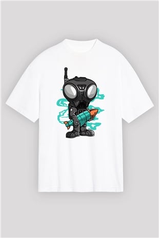 Q9-O Rocket Baskılı Beyaz Unisex Oversize Tişört