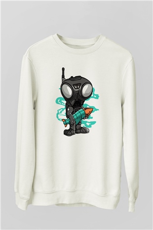 Q9-O Rocket Baskılı Beyaz Unisex Sweatshirt